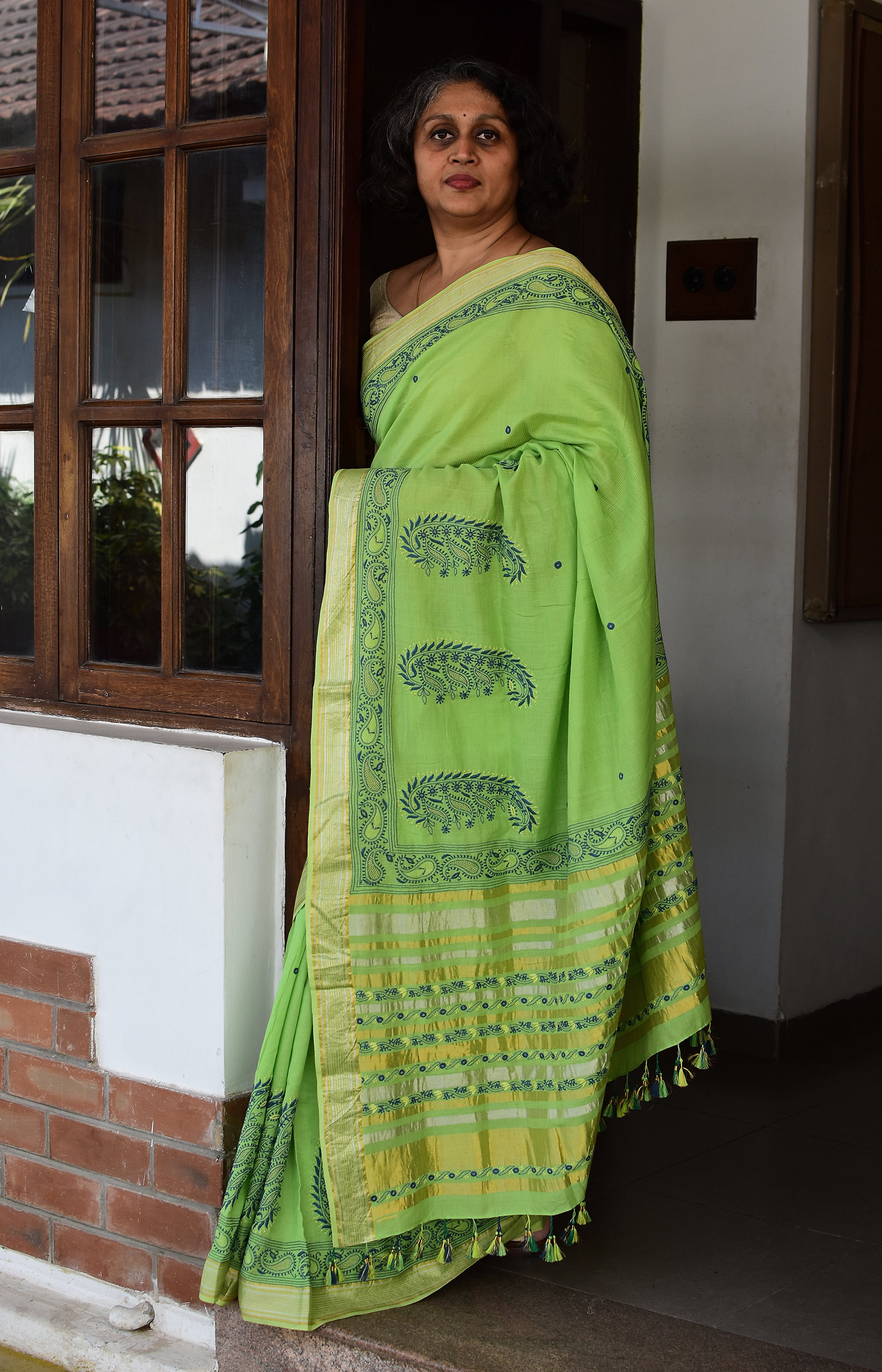 Parrot Green, Handwoven Organic Cotton, Textured Weave , Hand Embroidery, Occasion Wear, Jari, Chikankari Saree